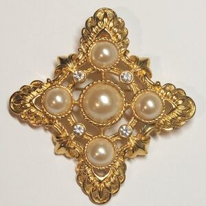 Signed Kenneth Jay Lane KJL for Avon Maltese Cross Brooch - Pearl & Rhinestone